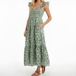Abercrombie & Fitch Green Floral Ruffle Smocked Midi Dress Pockets M